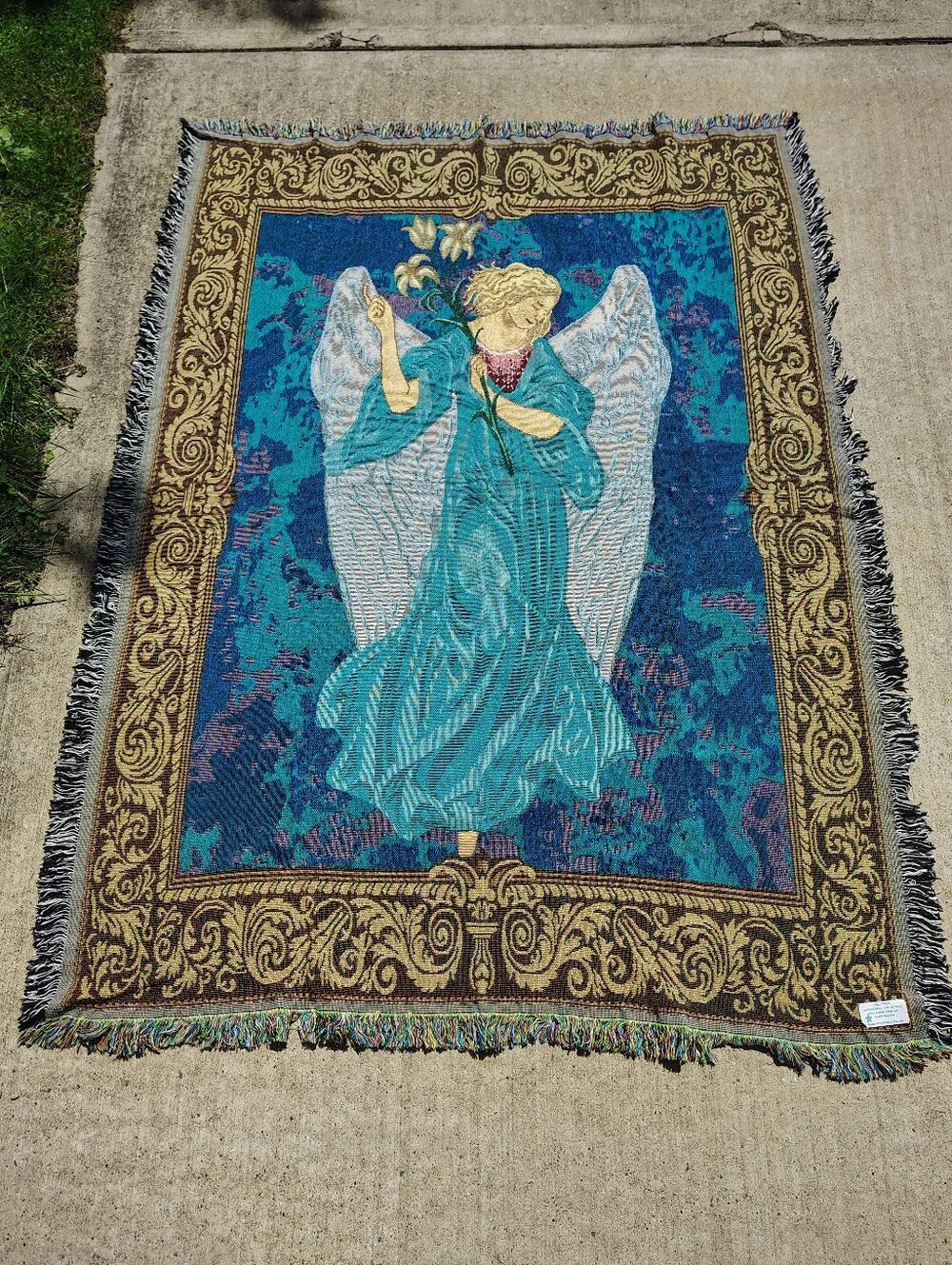 Vtg Woven Tapestry Throw Blanket Angel Callas Lilies USA Jacquard Fringe 50 X 67
